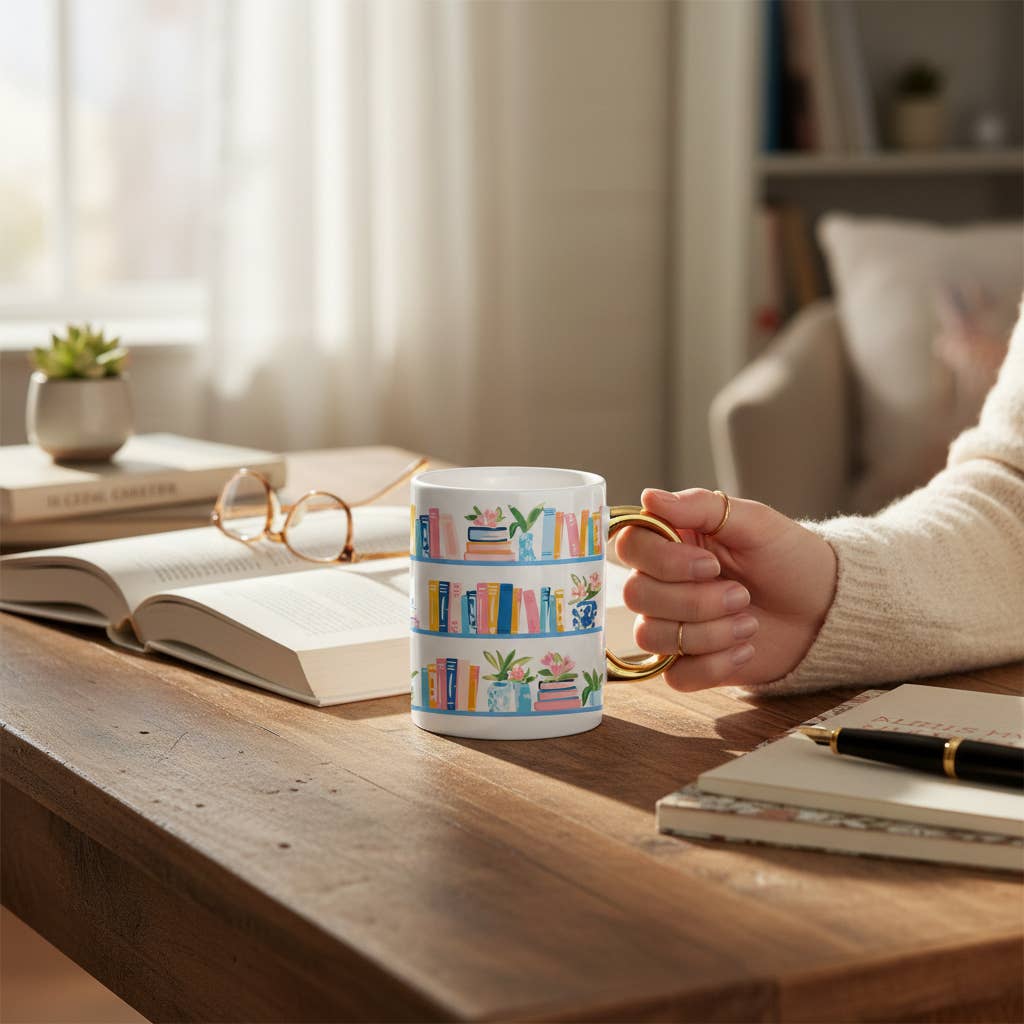 11 oz Cozy Cute Ceramic Mug: Book Shelfie