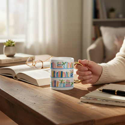 11 oz Cozy Cute Ceramic Mug: Book Shelfie